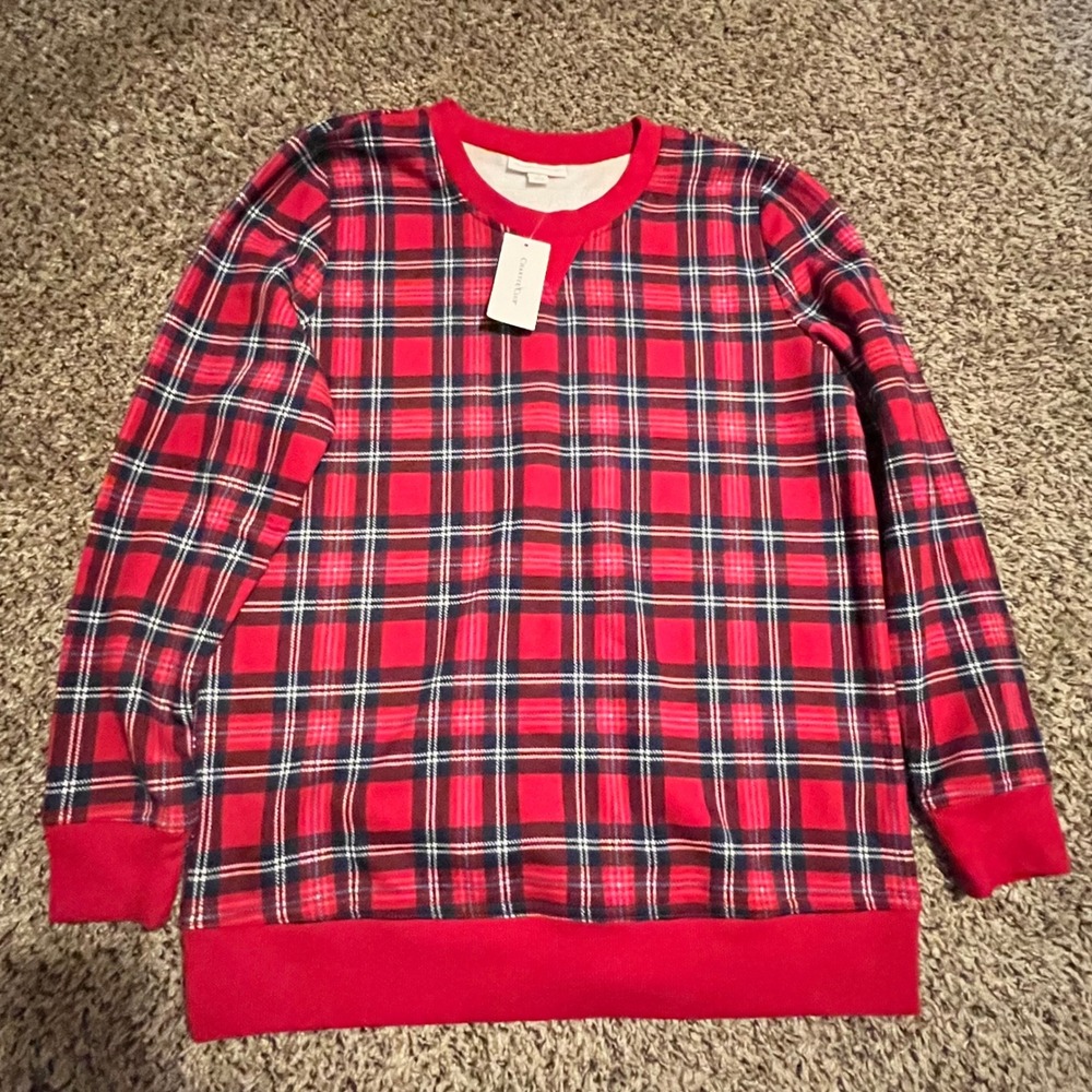 Charter Club Womens Red Holiday Plaid Fleece Sweatshirt Crew Neck Medium NWT